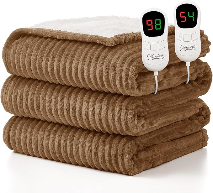 Homemate Electric Heated Blanket Queen Size - 84"x90" Heating Blanket Queen Size Dual Control 1/2/4/6/8 Hours Auto-Off 10 Heat Level Over-Heat Protection Soft Flannel Sherpa ETL Certification