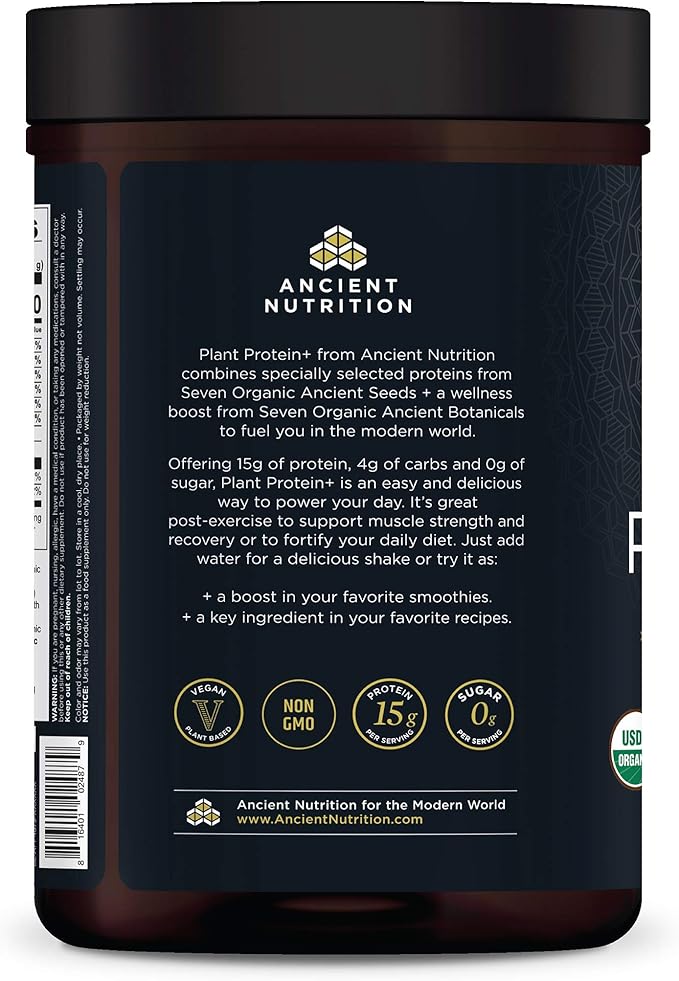 Ancient Nutrition Plant Based Protein Powder, Plant Protein+, Chocolate, Organic Vegan Superfoods Supplement, 15g Protein Per Serving, Gluten Free, Paleo Friendly 12 Serving