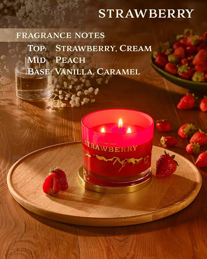 Strawberry Scented Candles - 100% Natural Soy Wax - Large 3 Wick Jar Candle - Up to 50 Hours Burning Time - Candles for Home - Gift-Ready Candle for Men & Women - Aromatherapy Candles
