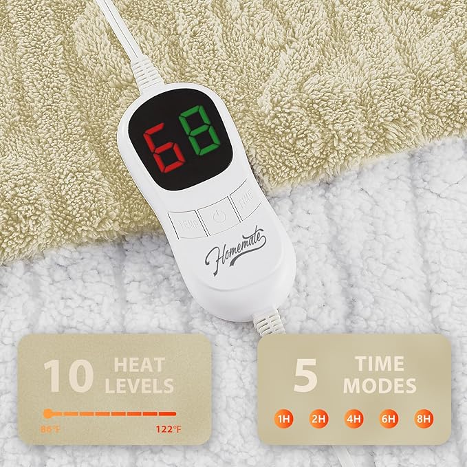 Homemate Electric Heated Blanket Full - 72"x84" Heating Bed Blankets Throw with 10 Heating Levels 8 Hours Auto Off Fast Heating Over-Heated Protection Ultra Soft Warm Flannel ETL Certified