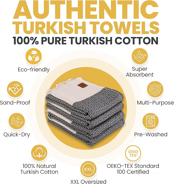 Gold CASE Turkish Beach Towel Set of 4 – 100% Cotton Large Turkish Bath Towels 67 x 38'' – Aphrodite Extra Large, Quick Dry & Sand Free Towels – Peshtemal for Pool – Black