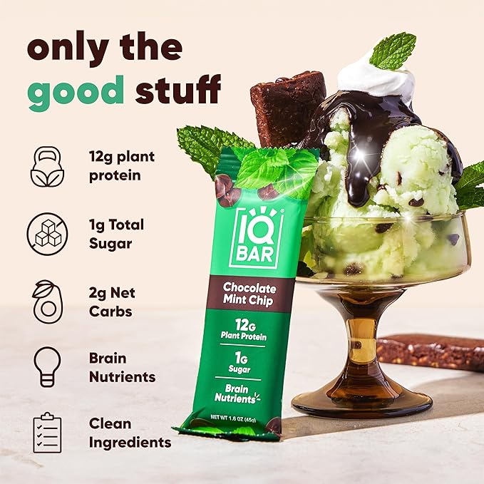 IQBAR Brain and Body Plant Protein Bars - Chocolate Mint Chip - 12-Count - Keto, Vegan, Low Carb, High Fiber, Gluten Free, Dairy Free, Low Sugar Snack with Nutrients for Focus, Energy, Meal Replacement