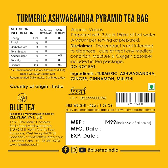 BLUE TEA - Turmeric Tea - Ashwagandha - 15 Count - Plant Based Tea Bag | CURCUMIN RICH - HERBAL BLEND | Herbal Tea - Caffeine Free - Non-GMO - Vegan - Gluten Free - No Sugar | Reusable Tin Pack