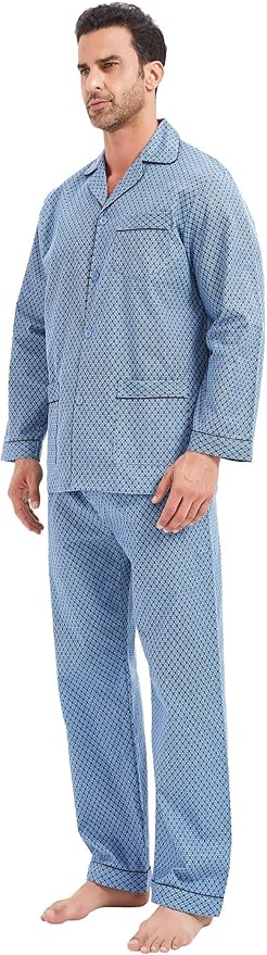 GLOBAL Men's Pajamas Sets 100% Cotton Flannel Sleepwear Long-Sleeve top & Bottom