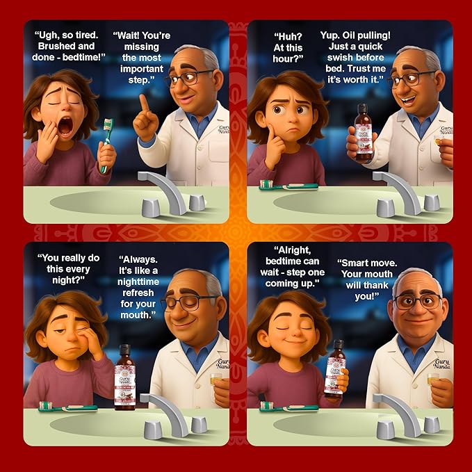 GuruNanda Cinnamon Oil Pulling Mouthwash, Promotes Calmness, with Neem & Ashwagandha for Fresh Breath & Happy Gums, Alcohol-Free, with Toothbrush & Tongue Scraper, 8 Oz