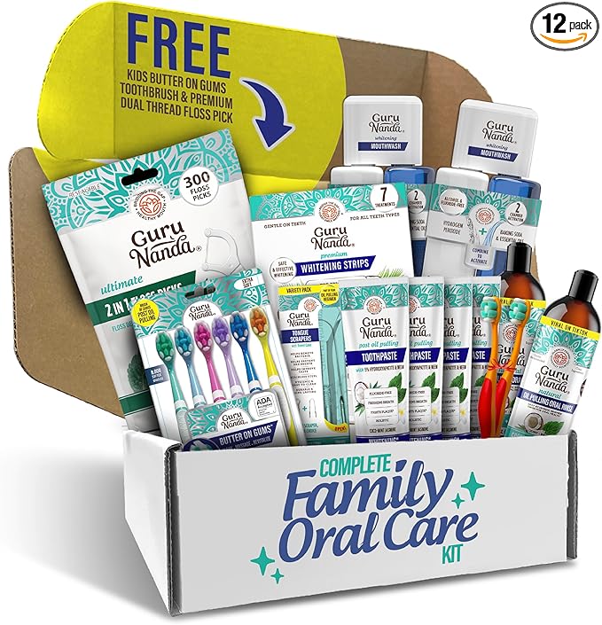 GuruNanda Family Complete Oral Care Set – The Ultimate Routine with Oil Pulling, Toothbrush, Toothpaste, Tongue Scraper, Floss Picks, Mouthwash & Whitening Strips