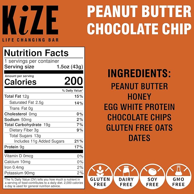 KiZE Energy Bars - Peanut Butter Chocolate Chip & Cookie Dough Bundle - 20-Count - Gluten Free, Dairy Free Options, Non-GMO, and High Protein Meal Replacement Energy Bars, Clean and Simple Food Ingredients - 10g High Protein Snacks (20 Count)