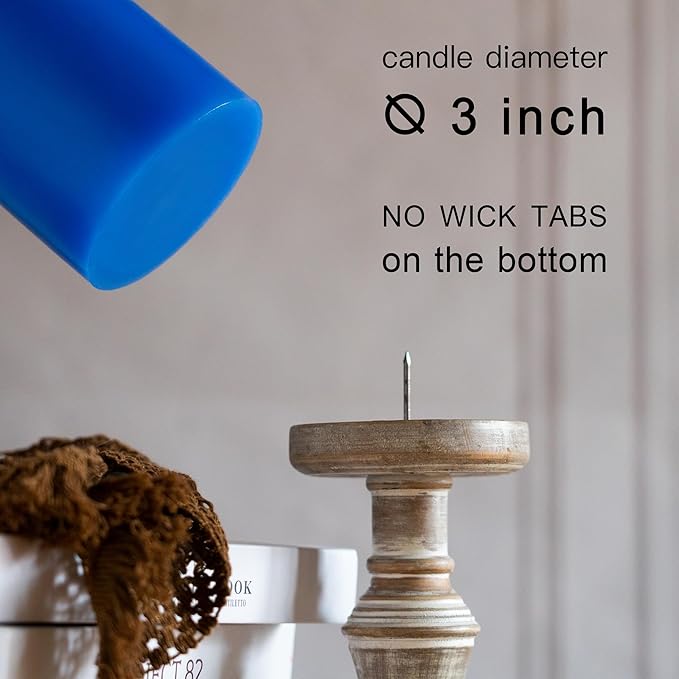 MOZEAL 3" x 6" Hand-Poured Unscented Candle,Dripless Pillar Candle Set of 3,Long Lasting Burning,Approx 120 Hours Burn Time,Rustic Country Style,for Wedding,Dinner,Christmas and Home Decor,Blue