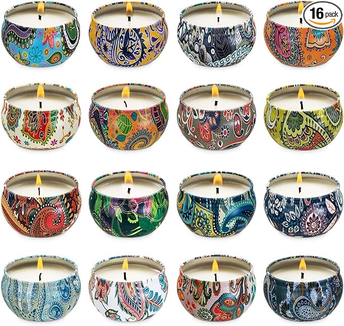 Set of 16 Small Scented Candles Soy Wax Aromatherapy Candles 2.5 OZ Portable Tin Candles with Lid, Relaxation Gifts Basket for Mother, Women, Friends and Coworkers