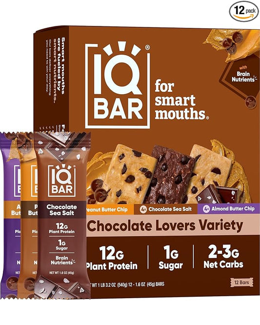IQBAR Plant Protein Bars - Chocolate Lovers Variety - Keto, Vegan, Low Carb, High Fiber, Gluten/Dairy Free, Low Sugar Snack with Nutrients for Focus, Energy, Meal Replacement 12-Count