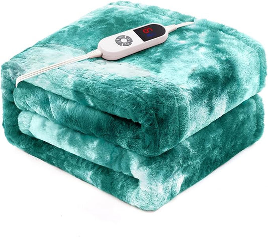 Electric Heated Blanket 62"x84", Luxury Green Twin Faux Fur Electric Blanket, Fast Heating Soft Fluffy Thick Electric Blanket with 6 Heating Levels & 12H Auto Off