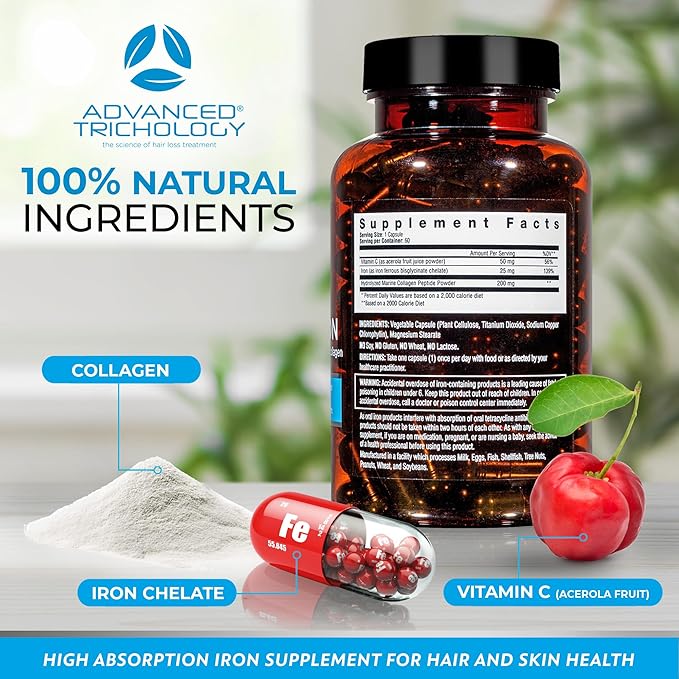 Derma-Iron Supplement for Women and Men - Iron blood builder pills for hair and skin with Collagen and natural Vitamin C, low iron and ferritin, thinning hair, hair loss support