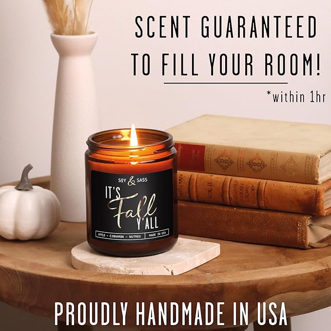 Fall Candles - 'It's Fall Yall' Fall Candle w/Apple Cinnamon & Nutmeg I Infused with Essential Oils I Autumn Fall Scented Candles I Cozy Cute Fall Décor Fall Gifts I 9oz Jar I 50Hr Burn I Made in USA