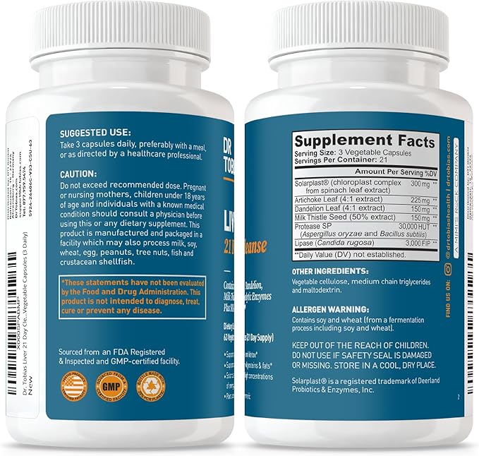 Dr. Tobias Liver 21 Day Cleanse, Herbal Liver Detox Cleanse with Solarplast, Artichoke, Milk Thistle & Dandelion Extract, 63 Vegetable Capsules (3 Daily)