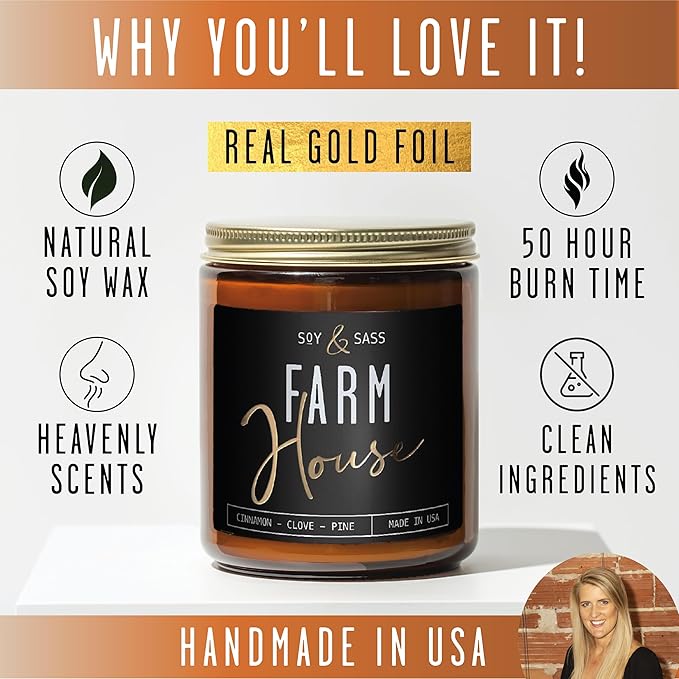 Fall Candles - 'Farmhouse' Autumn Scented Soy Candles for Home, w/Cinnamon, Clove & Pine I Infused with Essential Oils I Farmhouse Décor, 9oz Reusable Jar, 50Hr Burn, Made in USA