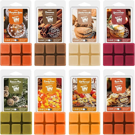 Salubrito Fall Scented Wax Melts, Strong Scented Soy Wax Cubes/Tarts Variety Set- Pumpkin Spice, Cinnamon, Spiced Cider, Snickerdoodle, Balsam Pine, Candy Corn, Fall Harvest, Apple Pie, 8x2.5oz