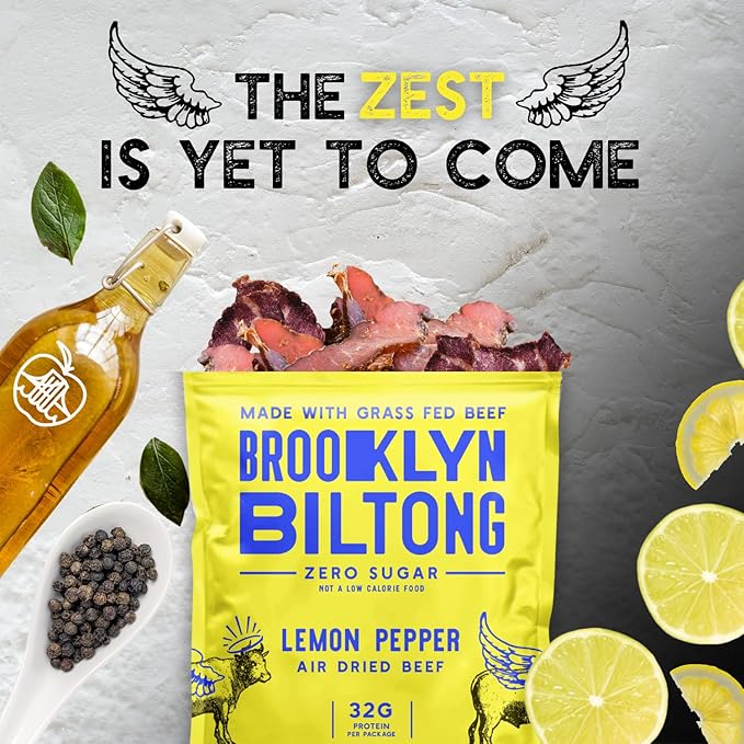 Brooklyn Biltong Air Dried Grass Fed Beef Snack, South African Beef Jerky (2 oz, Pack of 2) - Whole30 Approved, Paleo, Keto, Gluten Free, Sugar Free, Made in USA - (Lemon Pepper)