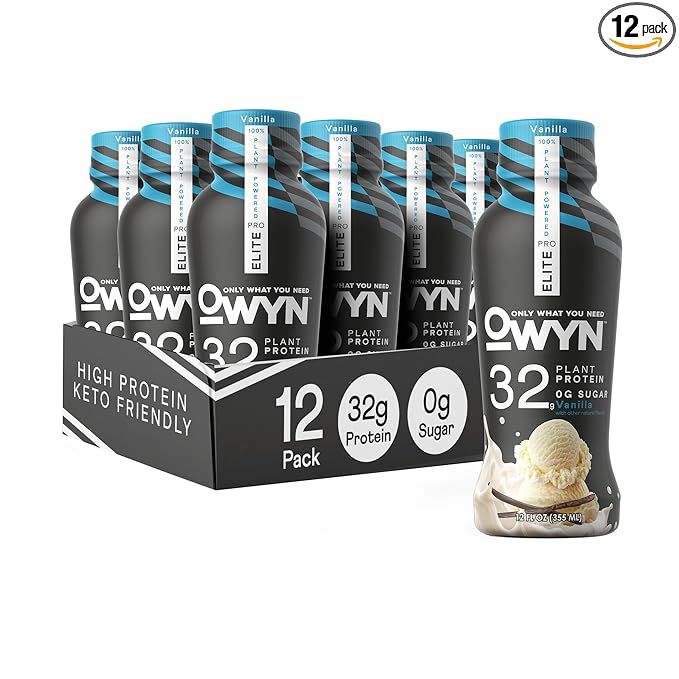 OWYN Only What You Need Pro Elite Vegan Plant Based High Protein Shake, Vanilla, 12 Pack, 32g Protein, Amino Acids, Prebiotics, Omega-3, Workout and Recovery, 0g Net Carbs, Zero Sugar, Keto