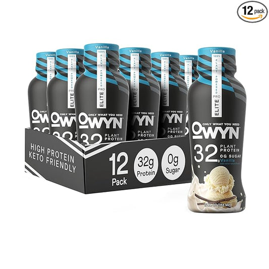 OWYN Only What You Need Pro Elite Vegan Plant Based High Protein Shake, Vanilla, 12 Pack, 32g Protein, Amino Acids, Prebiotics, Omega-3, Workout and Recovery, 0g Net Carbs, Zero Sugar, Keto