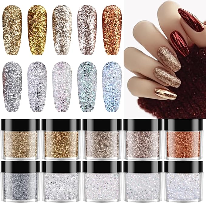 10 Jars Shimmer Shining Nail Glitter for Autumn Winter Ultra-Fine Sugar Coating Effect Sand Powder Dazzling Diamond Dust Manicure Decoration for DIY Home Salon