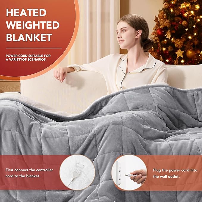 Homemate Heated Weighted Blanket for Adults - 50"x60" 12lbs Electric Throw Fast Heating Heavy Blanket 1/2/4/6/8 Hour Auto Off 10 Heat Levels Over-Heat Protection Comfortable Flannel Sherpa