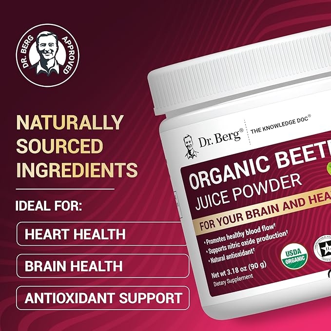 Dr. Berg Raw Organic Beet Powder from Real Earth-Grown Beets – USDA Certified Organic Beet Root Powder to Support Nitric Oxide Levels, Energy, Blood Flow, & Heart Health* – 30 Servings