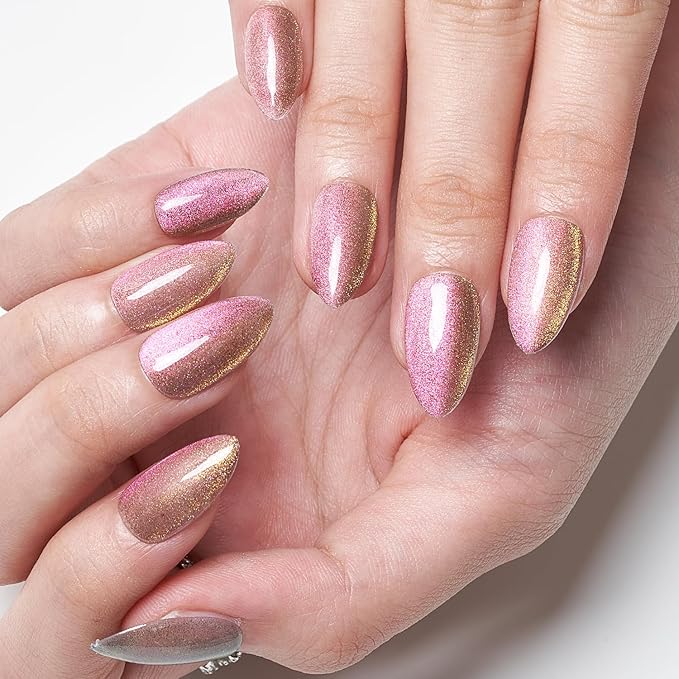 GLAMERMAID Golden Pink Magnet Cat Eye Press on Nails Short Almond, Handmade Chameleon Gel Fake Nail Kit, Ombre Purple Glitter Magnetic Glue on Nail Stiletto, Medium Oval Stick False Nail Set for Women
