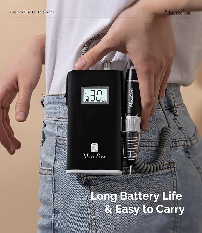 MelodySusie Professional Rechargeable 30000 RPM Nail Drill,SC320H Portable Electric E File Scamander, Acrylic Gel Grinder Tools with 6 Bits and Sanding Bands for Manicure Pedicure Carve Polish(Black)