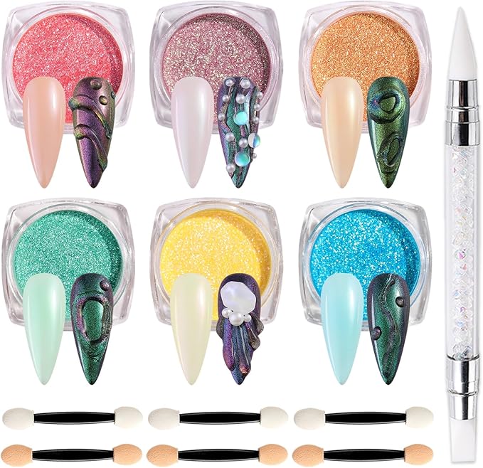 6 Color Chrome Nail Powder Set Bright Iridescent Aurua Nail Glitter Dust Sequins Holographic Metallic Mirror Effect Pigment for Nail Gel Home Manicure Salon Use