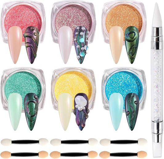 6 Color Chrome Nail Powder Set Bright Iridescent Aurua Nail Glitter Dust Sequins Holographic Metallic Mirror Effect Pigment for Nail Gel Home Manicure Salon Use