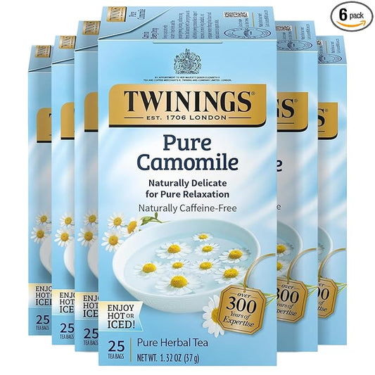 Twinings Pure Camomile Herbal Tea Individually Wrapped Bags, 25 Count (Pack of 6), Calming & Delicate, Naturally Caffeine-Free, Enjoy Hot or Iced, 150 Teabags