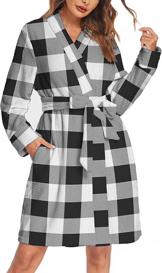 Ekouaer Women's Robes Short Plush Bathrobe Knee Length Warm Soft Jacquard Robe Winter House Coat with Pockets S-XXL