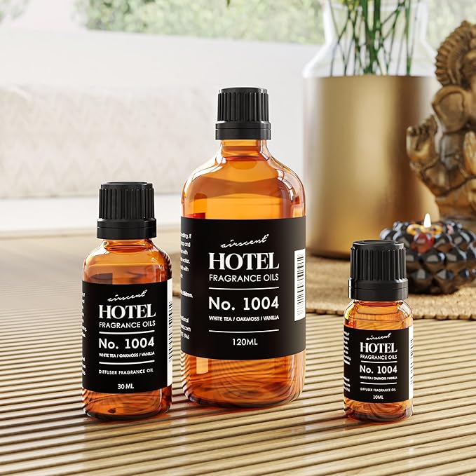 AirScent Hotel Diffuser Oil No. 1004 - White Tea, Oakmoss and Vanilla - Premium Fragrance Oil for Ultrasonic and Waterless Diffusers and Crafting - 30 mL, 1 fl oz Glass Bottle with Dropper