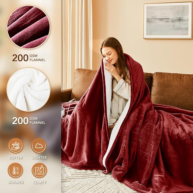 Homemate Electric Heated Blanket Twin - 62"x84" Heating Bed Blankets Throw with 10 Heating Levels 8 Hours Auto Off Fast Heating Over-Heated Protection Ultra Soft Warm Flannel ETL Certified Red