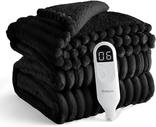 Bedsure Electric Blanket Twin - Thick Striped Flannel Electric Blanket, Heating with 10 Time Settings, 6 Heat Settings, and 8-Hour Timer Auto Shut Off, Gifts for Grandma (62x84 inches, Black)