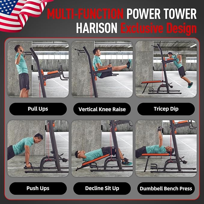 HARISON Multifunction Power Tower with Bench, Heavy Duty Pull Up Bar Dip Station for Home Gym Workout Strength Training Fitness Equipment