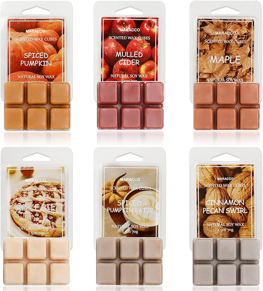 Fall Scented Wax Melts, Soy Wax Cubes for Wax Warmer, Autumn Strong Scent - Apple Pie/Mulled Cider/Pumpkin Spice/Maple/Spiced Pumpkin Latter/Cinnamon Pecan, 6 x 2.5 oz