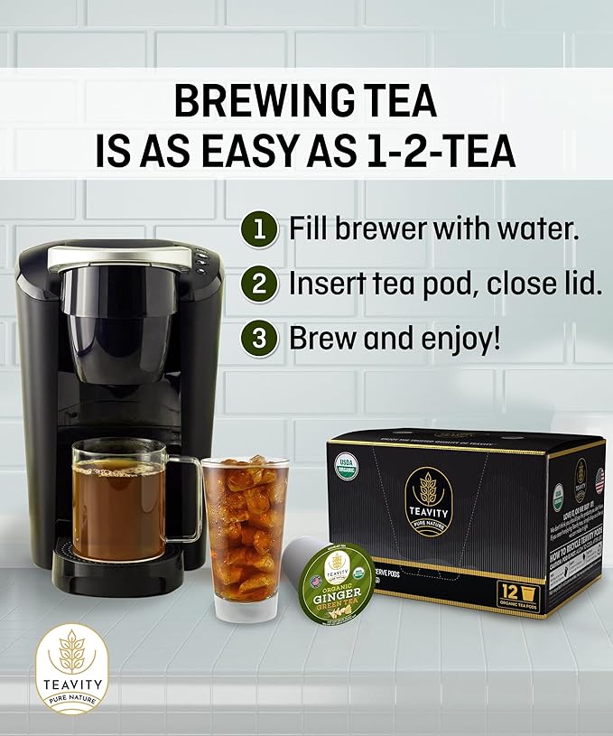 Green Tea & Ginger Tea Pods for Keurig - Caffeinated, Organic, Dye Free, Unsweetened, Herbal Blend for K Cup Machines - Hot or Iced (36 Tea Pods)
