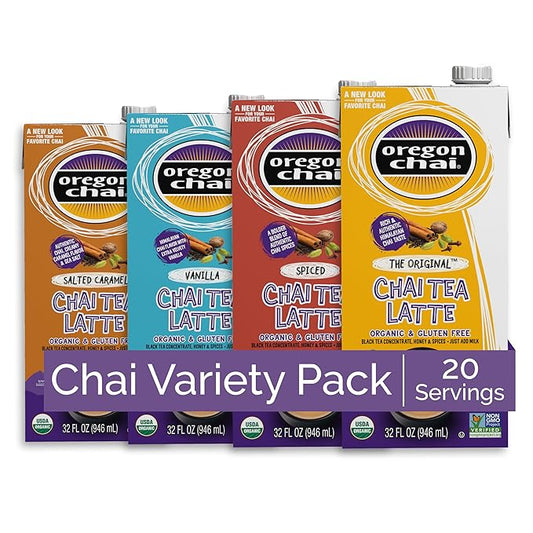 Oregon Chai Tea Concentrate Variety Pack with 4 Flavors: Original Chai, Spiced Chai, Vanilla Chai, Salted Caramel Chai - 32 Fl Oz (Pack of 4)