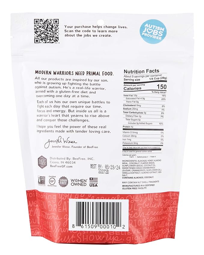 BeeFree Warrior Mix Gluten Free Granola - Chunky Granola Bites | Paleo, Low Carb, Grain Free, Preservative Free, Oat Free | Low Calorie Snacks | Hagen’s Berry Bomb, 9 Ounce Bags, 3 Pack