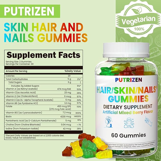 Hair Skin and Nails Gummies, Vegan 5000mcg Biotin Vitamins for Women & Men – Supports Hair Growth, Nail Strength & Skin Health – Non-GMO, 60 Gummies