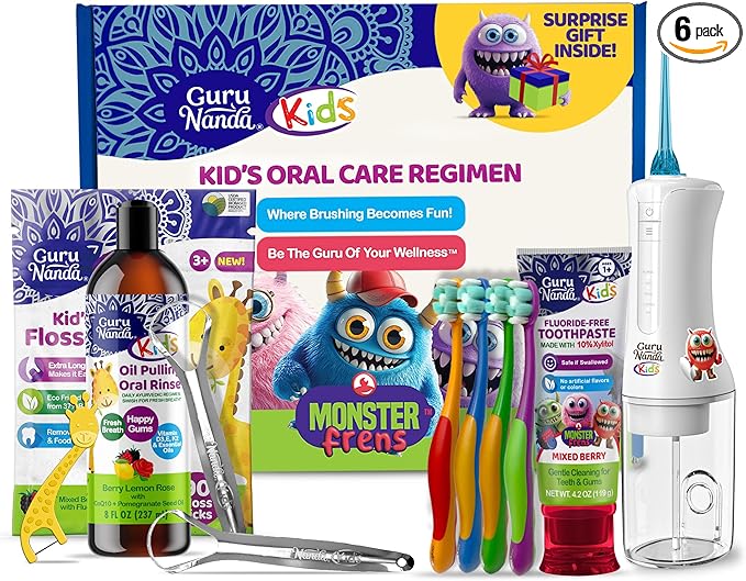 GuruNanda Kids Oral Care Regimen Kit with Toothpaste, Butter On Gums Toothbrush, Oil Pulling Mouthwash, Giraffe Floss Picks, Water Flosser & Tongue Scrapers