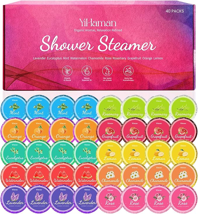 40PCS Shower Steamers Aromatherapy for Women or Men, 10 Scents Organic Shower Bombs, Relaxation with Organic Essential Oils, Birthday Self Care Gift for Women 1 Set