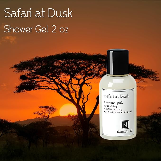 Nabila K Safari at Dusk Shower Gel, Travel Size Refreshing Body Wash with Citrus, Spice & Musk Fragrance, 2 oz - Naturally Derived, Sulfate-Free, Paraben-Free - Made in the USA