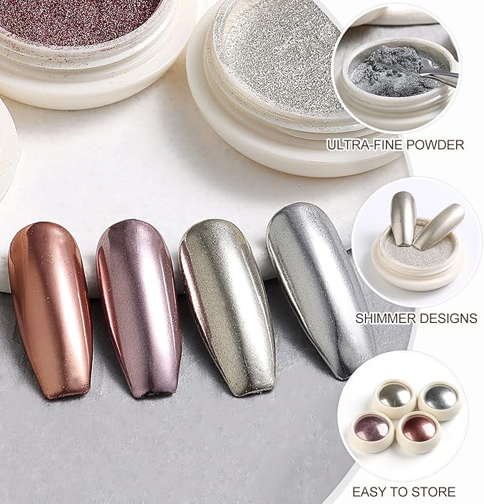 4 Color Chrome Nail Powder Set Holographic Metallic Mirror Effect Nail Chrome Glitter Holographic Iridescent Glazed Donut Nail Dust Manicure Pigment for DIY Nail Art Design