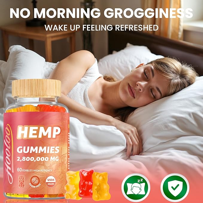 HOOLOO Hemp Gummies for Happier Bedtimes & Focus, Extra Strength 2,800,000mg Hemp Oil Infused, Gummy Bears Fruity, Sugar Free, Made in USA