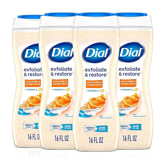 Dial Body Wash, Exfoliate & Restore Cocoa Butter & Orange Extract, 32 Fl Oz, With Vitamin E, Gentle, Leaves Skin Feeling Nourished, Dermatologist-Tested, No Parabens & Sulfates