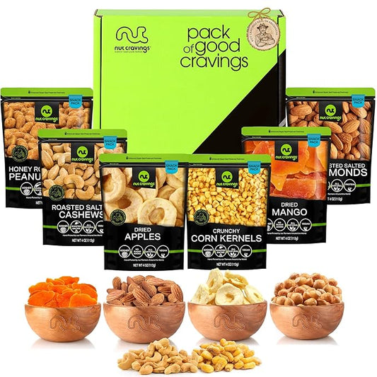 NUT CRAVINGS - Diwali Sweets Hamper Mid-Autumn Festival Dried Fruit & Mixed Nuts Basket in Green Box (6 Assortments of 4 oz, 1.5 lb) Food Arrangement, Healthy Snack Care Package, Food Assortments