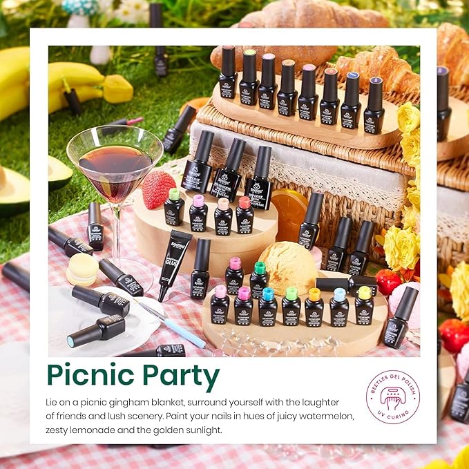 Beetles Gel Nail Polish Set-36 Colors Rainbow Nails Neon Juicy Picnic Party Collection & Rhinestone Gel Nail, 46Pcs Fruit Bubbles Nails Blue Green Pink Color with Top Base Coat Liner Brush