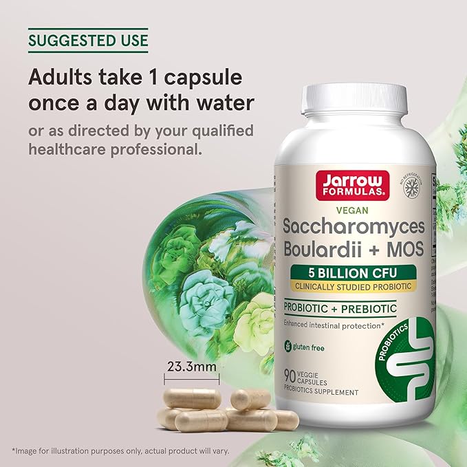 Jarrow Formulas Saccharomyces Boulardii Probiotics + MOS 5 Billion CFU Probiotic Yeast for Intestinal Health Support, Gut Health Supplements for Women and Men, 90 Veggie Caps, 90 Day Supply,Pack of 12